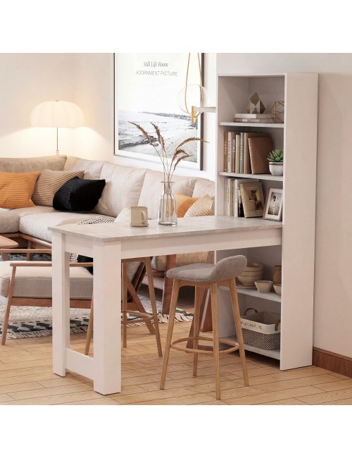 Tavolo penisola Mojo02 con Libreria Integrata Bianca e Piano Effetto Cemento