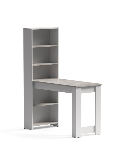 Tavolo penisola Mojo02 con Libreria Integrata Bianca e Piano Effetto Cemento