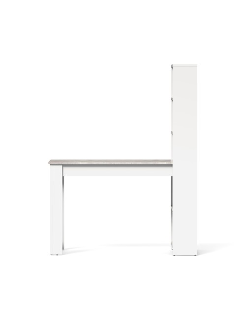 Tavolo penisola Mojo02 con Libreria Integrata Bianca e Piano Effetto Cemento