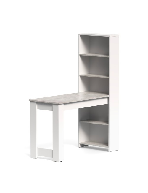 Tavolo penisola Mojo02 con Libreria Integrata Bianca e Piano Effetto Cemento