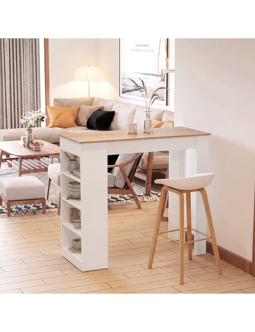 Tavolo snack alto Kivo bianco e rovere con 3 ripiani laterali 115x50x103H