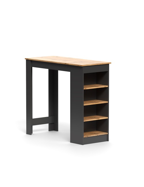 Tavolo snack alto Kivo antracite e rovere con 3 ripiani laterali 115x50x103H