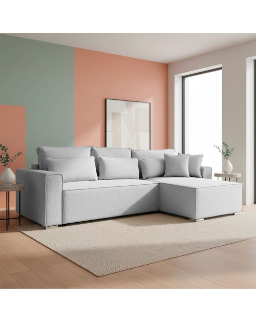 Divano Angolare Emily grigio con Letto Easy Open, Contenitore e Penisola Reversibile – Comfort e Design per il Living