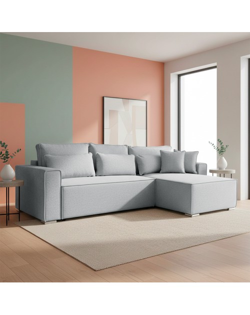 Divano Angolare Emily grigio scuro con Letto Easy Open, Contenitore e Penisola Reversibile – Comfort e Design per il Living