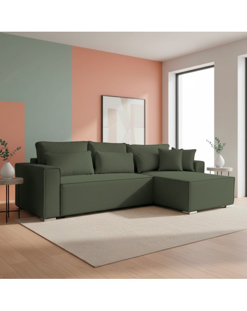 Divano Angolare Emily verde con Letto Easy Open, Contenitore e Penisola Reversibile – Comfort e Design per il Living