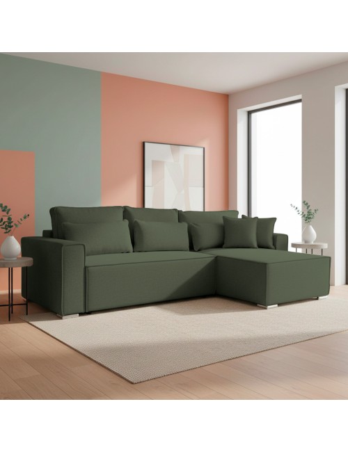 Divano Angolare Emily verde con Letto Easy Open, Contenitore e Penisola Reversibile – Comfort e Design per il Living
