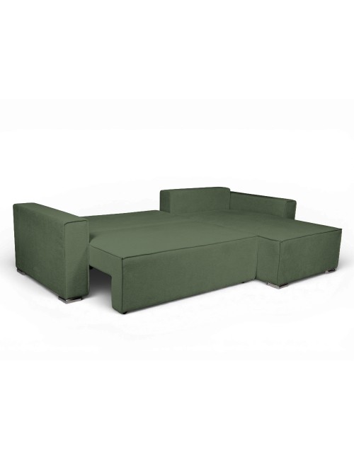 Divano Angolare Emily verde con Letto Easy Open, Contenitore e Penisola Reversibile – Comfort e Design per il Living