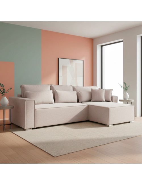 Divano Angolare Emily beige con Letto Easy Open, Contenitore e Penisola Reversibile – Comfort e Design per il Living