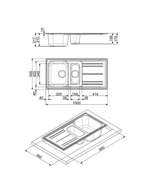 Lavello Incasso 2 Vasche e Gocciolatoio Reversibile 100x50 Smeg