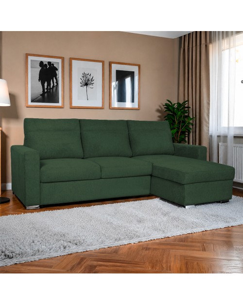 Divano Elba verde con Letto Estraibile e Penisola Contenitore Reversibile – Comfort e Versatilità per Ogni Giorno