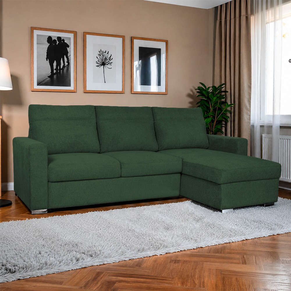 Divano Elba verde con Letto Estraibile e Penisola Contenitore Reversibile – Comfort e Versatilità per Ogni Giorno