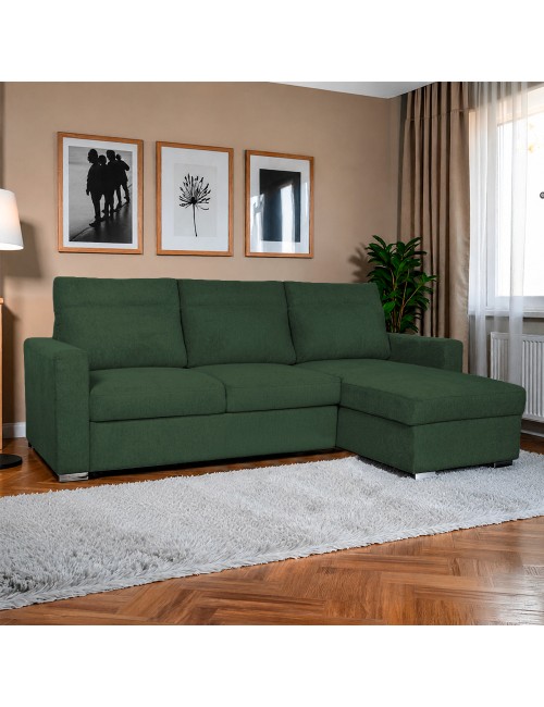Divano Elba verde con Letto Estraibile e Penisola Contenitore Reversibile – Comfort e Versatilità per Ogni Giorno