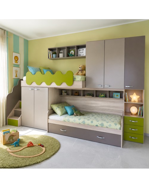 Cameretta soppalco con 3 letti Milly talco verde e brown