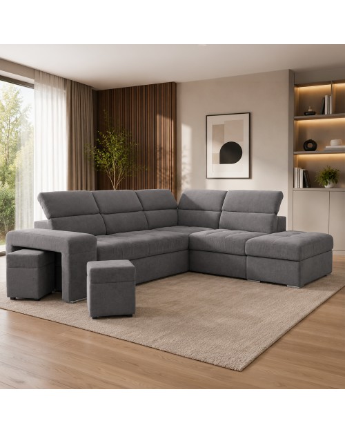 Divano angolare reversibile Positano grigio con poggiatesta regolabili, pouf e funzione letto