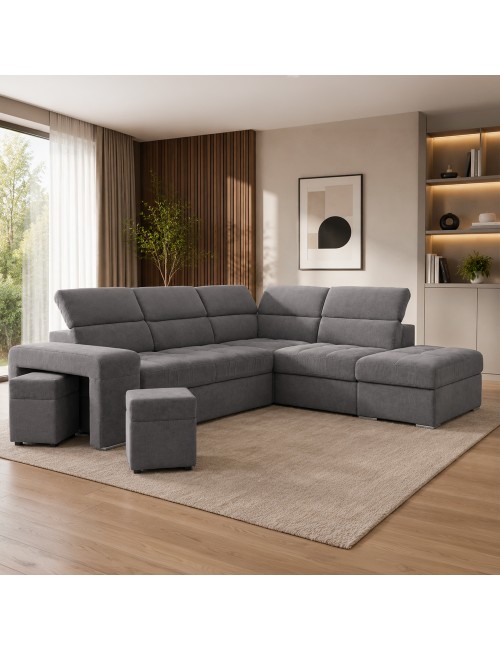 Divano angolare reversibile Positano grigio con poggiatesta regolabili, pouf e funzione letto