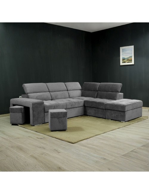 Divano angolare reversibile Positano grigio con poggiatesta regolabili, pouf e funzione letto