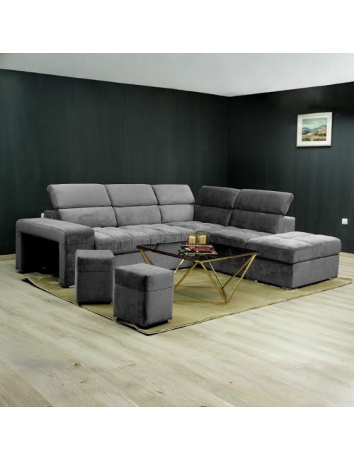 Divano angolare reversibile Positano grigio con poggiatesta regolabili, pouf e funzione letto