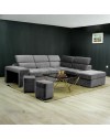Divano angolare reversibile Positano grigio con poggiatesta regolabili, pouf e funzione letto