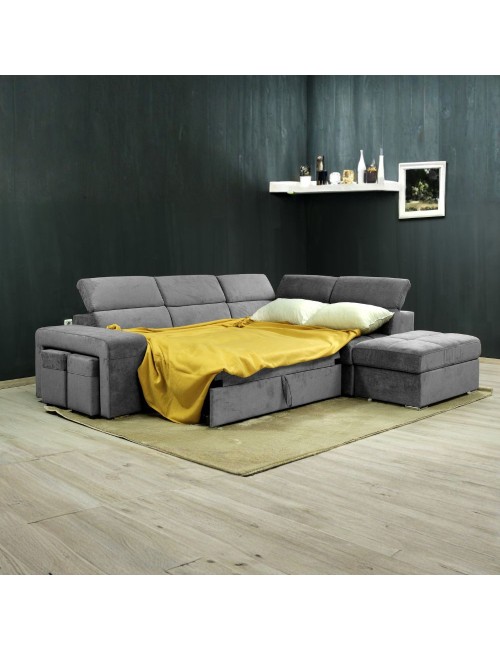 Divano angolare reversibile Positano grigio con poggiatesta regolabili, pouf e funzione letto