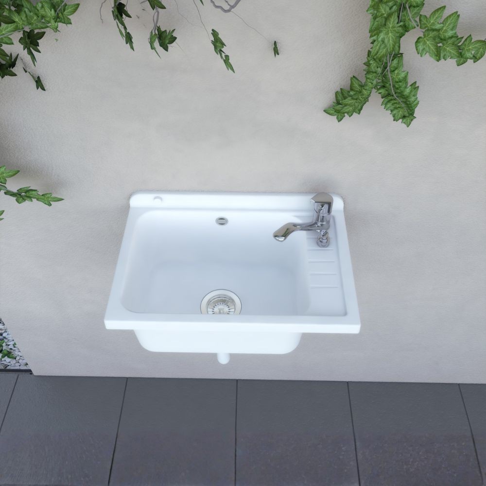 Lavatoio Pilozzo a muro 58x38 in polipropilene bianco con Kit scarico autopulente 2051FSCAT