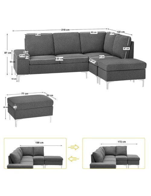 Divano angolare sinistro tessuto grigio Dina con bracciolo porta oggetti 218X172X87H