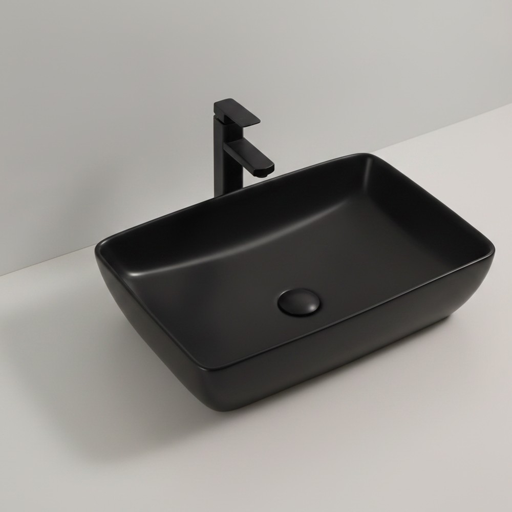 Lavabo d'appoggio in ceramica nero opaco senza foro miscelatore 59x40x14.5H 9440B