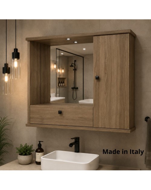 Mobile Bagno Pensile noce naturale con Specchio e Ante 73x14x61H