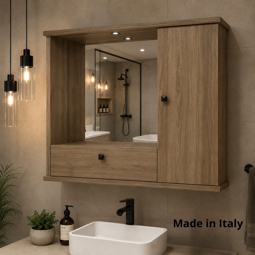 Mobile Bagno Pensile noce naturale con Specchio e Ante 73x14x61H