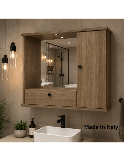 Mobile Bagno Pensile noce naturale con Specchio e Ante 73x14x61H