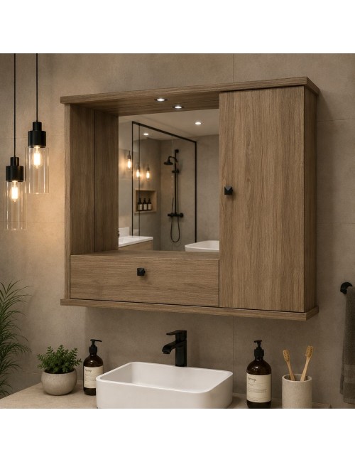 Mobile Bagno Pensile noce naturale con Specchio e Ante 73x14x61H