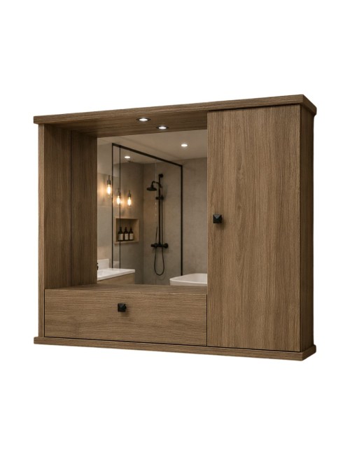 Mobile Bagno Pensile noce naturale con Specchio e Ante 73x14x61H
