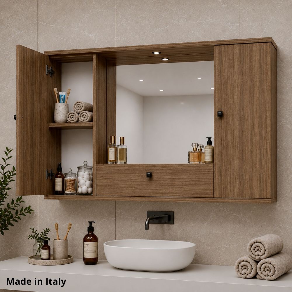 Mobile bagno pensile 3 ante con Specchio colore noce naturale 93x14x61H