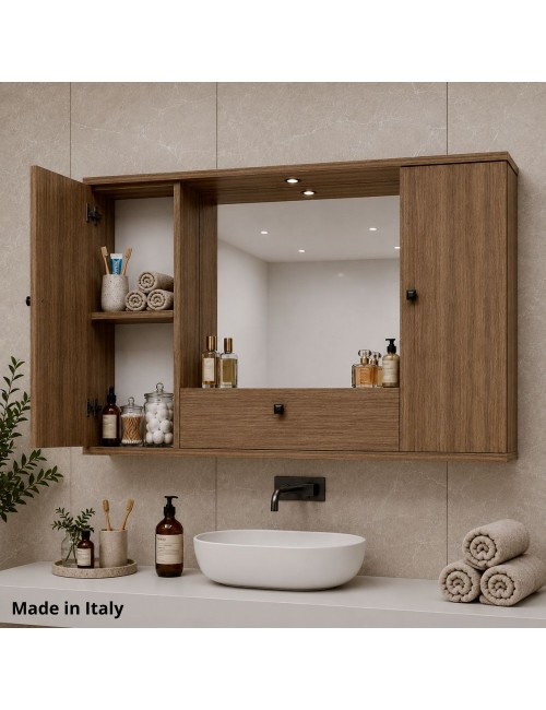 Mobile bagno pensile 3 ante con Specchio colore noce naturale 93x14x61H