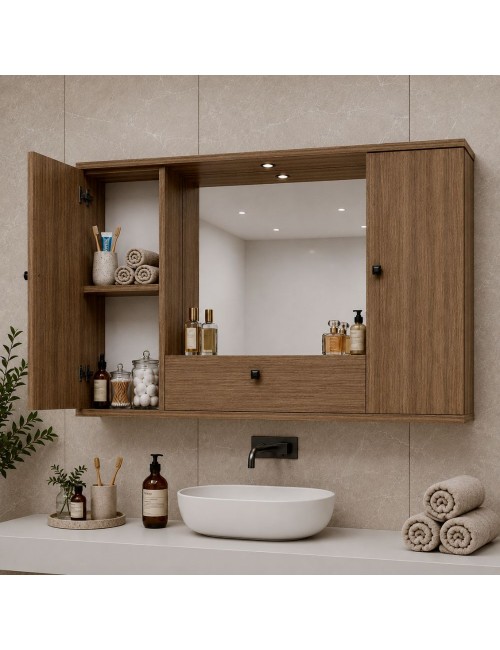 Mobile bagno pensile 3 ante con Specchio colore noce naturale 93x14x61H