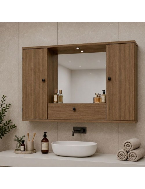 Mobile bagno pensile 3 ante con Specchio colore noce naturale 93x14x61H