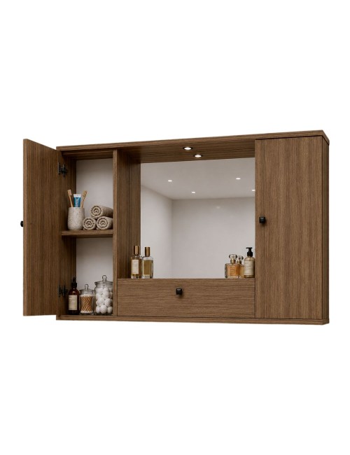 Mobile bagno pensile 3 ante con Specchio colore noce naturale 93x14x61H