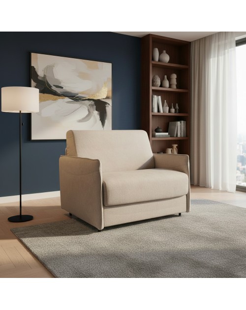 Poltrona letto Piri beige chiaro con rete elettrosaldata e materasso – Il comfort che si apre al bisogno