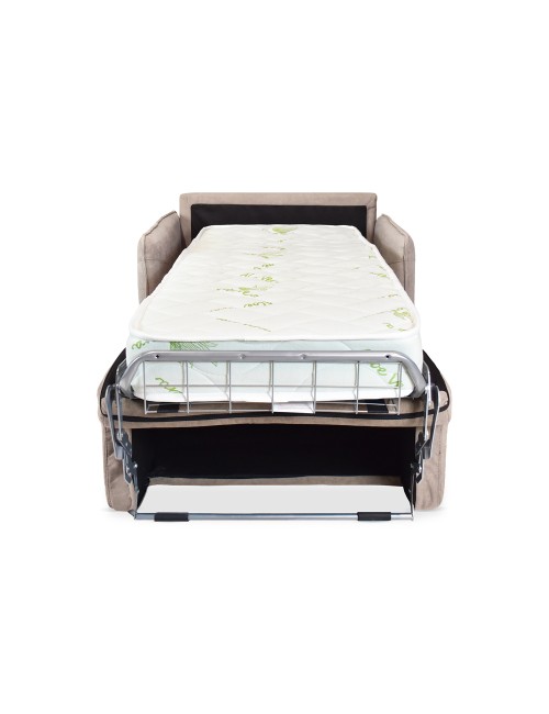 Poltrona letto Piri beige chiaro con rete elettrosaldata e materasso – Il comfort che si apre al bisogno