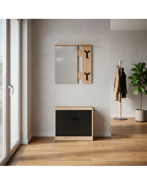Mobile Ingresso Limone41A con Specchio, Appendiabiti e Scarpiera Rovere e Nero