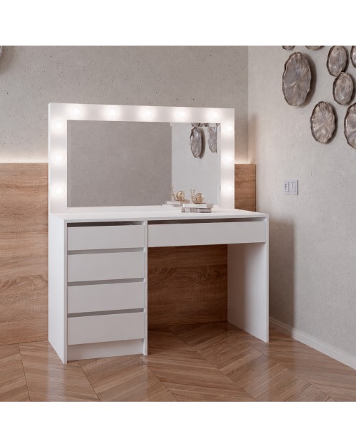 Toeletta trucco Elite bianca con specchio 5 cassetti e lampadine LED 120x55x150H