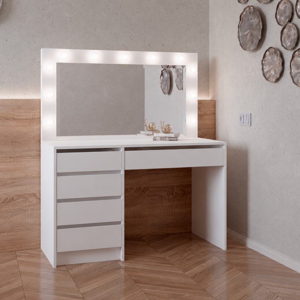Toeletta trucco Elite bianca con specchio 5 cassetti e lampadine LED 120x55x150H