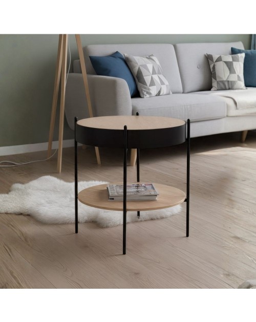 Tavolino tondo multifunzionale Trelleborg88B con vano contenitore artisan rovere e nero Ø 49,5 cm