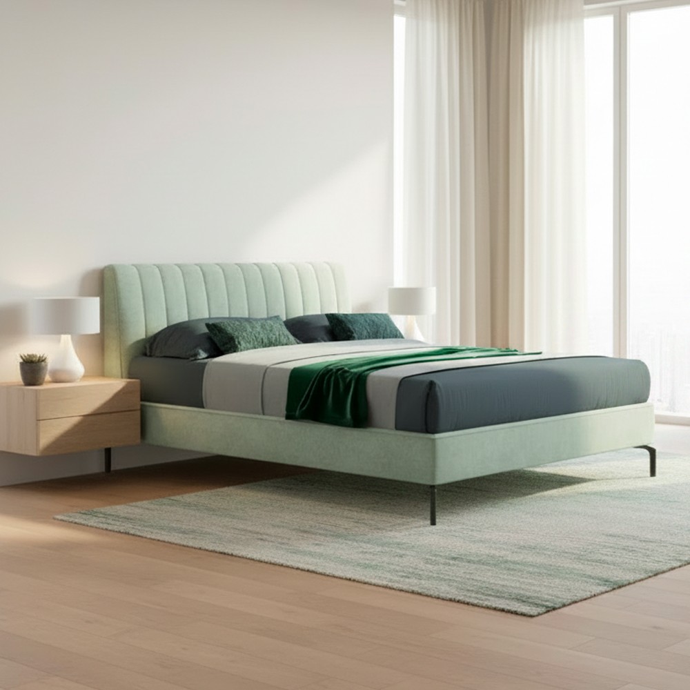 Letto matrimoniale contenitore testiera cuciture verticali Aki colore verde marino