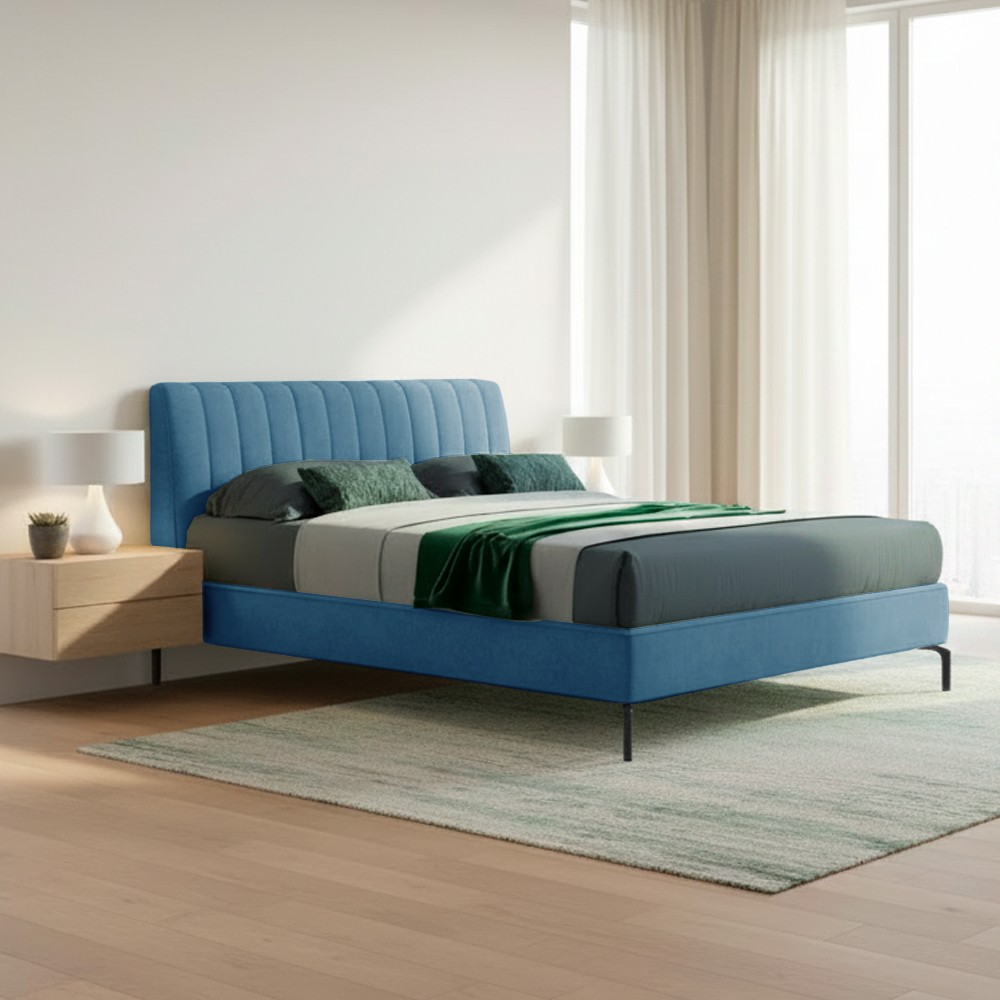 Letto matrimoniale contenitore testiera cuciture verticali Aki colore blu