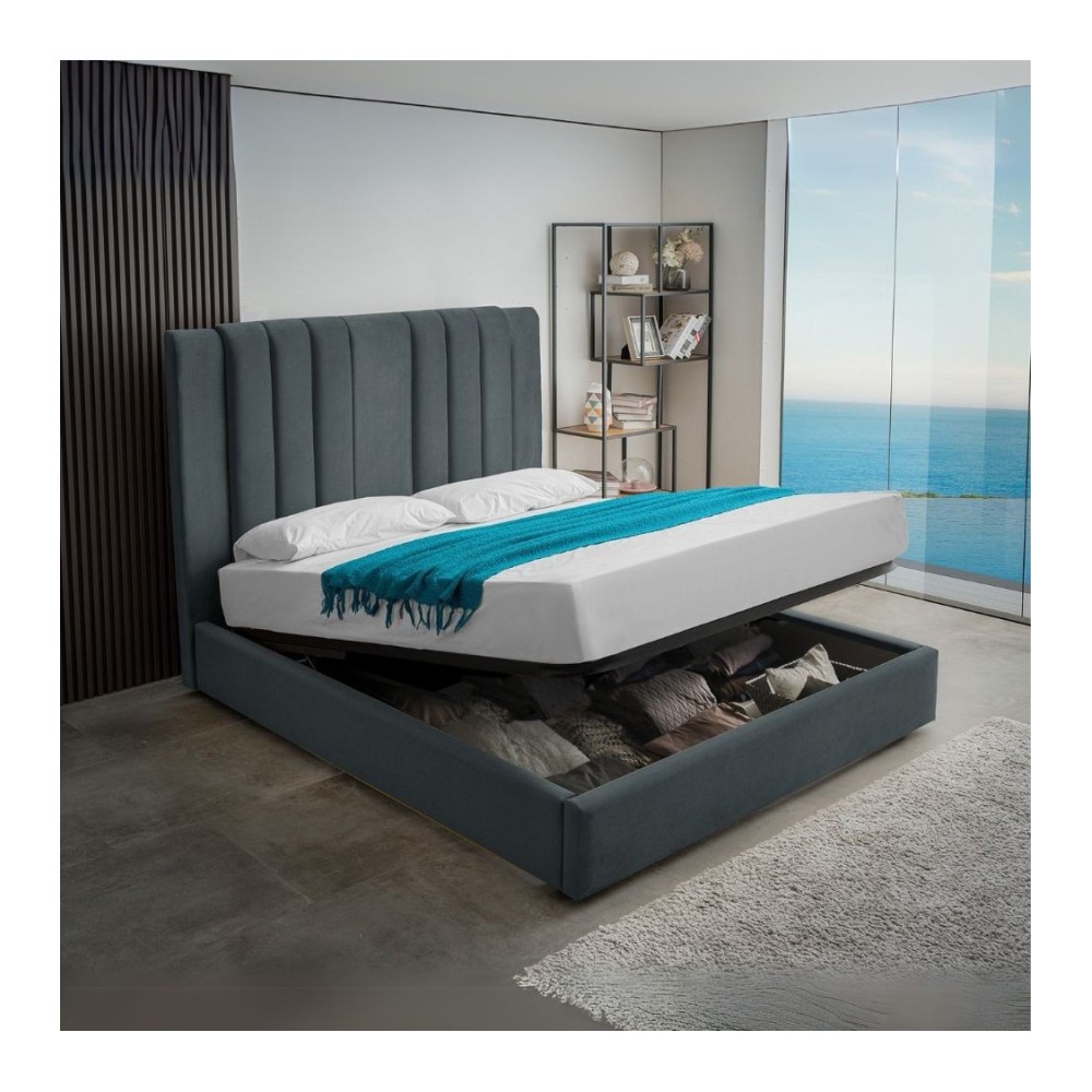 Letto matrimoniale Wilma imbottito con contenitore in tessuto Vogue colore blu pacific