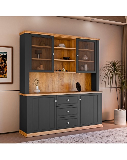 Vetrina Essenza 4 Ante, 3 Cassetti e Nicchie a Giorno Grigio Scuro e Rovere – Stile Classico Moderno