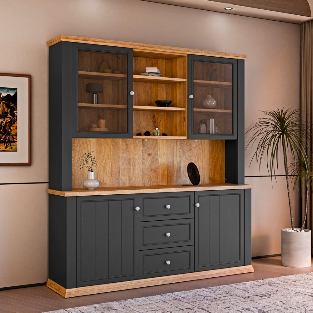 Vetrina Essenza 4 Ante, 3 Cassetti e Nicchie a Giorno Grigio Scuro e Rovere – Stile Classico Moderno