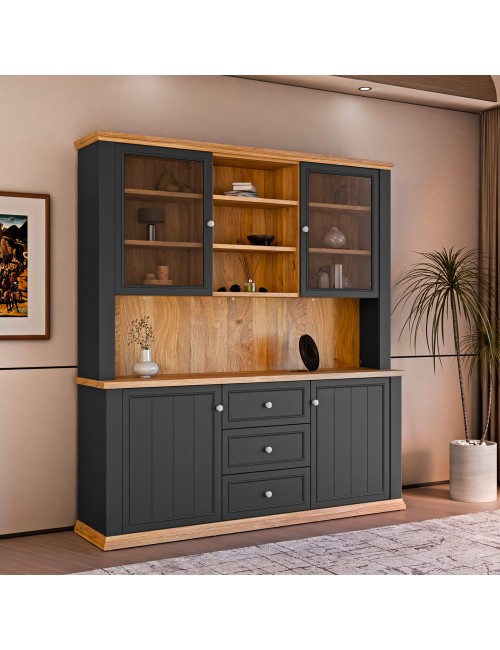 Vetrina Essenza 4 Ante, 3 Cassetti e Nicchie a Giorno Grigio Scuro e Rovere – Stile Classico Moderno