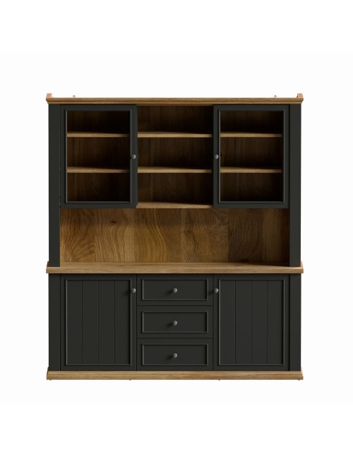 Vetrina Essenza 4 Ante, 3 Cassetti e Nicchie a Giorno Grigio Scuro e Rovere – Stile Classico Moderno