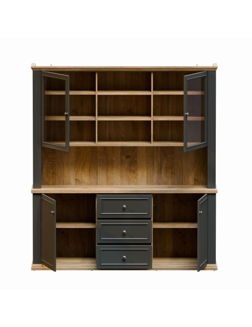 Vetrina Essenza 4 Ante, 3 Cassetti e Nicchie a Giorno Grigio Scuro e Rovere – Stile Classico Moderno